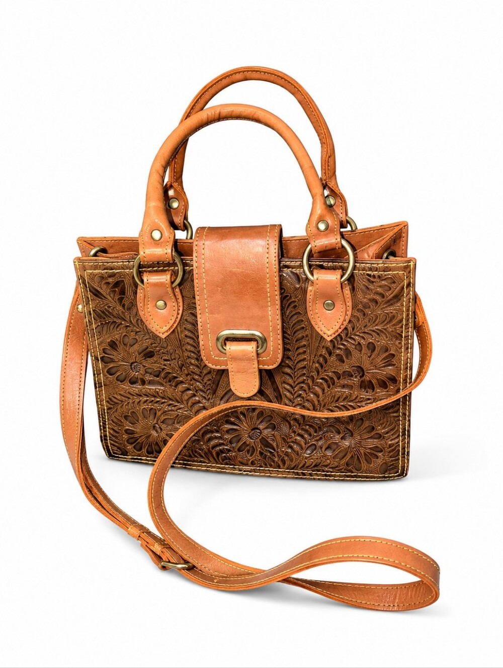American West Hand-Tooled Floral Leather Crossbody Satchel Purse Brown Tan